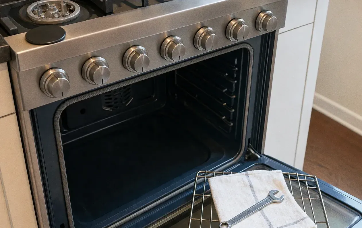Close three-quarter view of a stainless fascia and its row of six knobs, oven open with racks and a wrench on a towel below