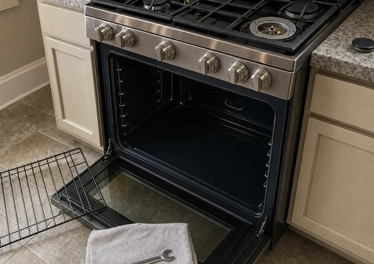 Stainless gas range in cream cabinets with the oven door lowered and two racks out on a towel on the floor